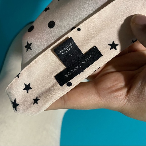 Ann Taylor L Light Pink Black Star Print V-Neck Long Puff Sleeve Blouse - Picture 5 of 5